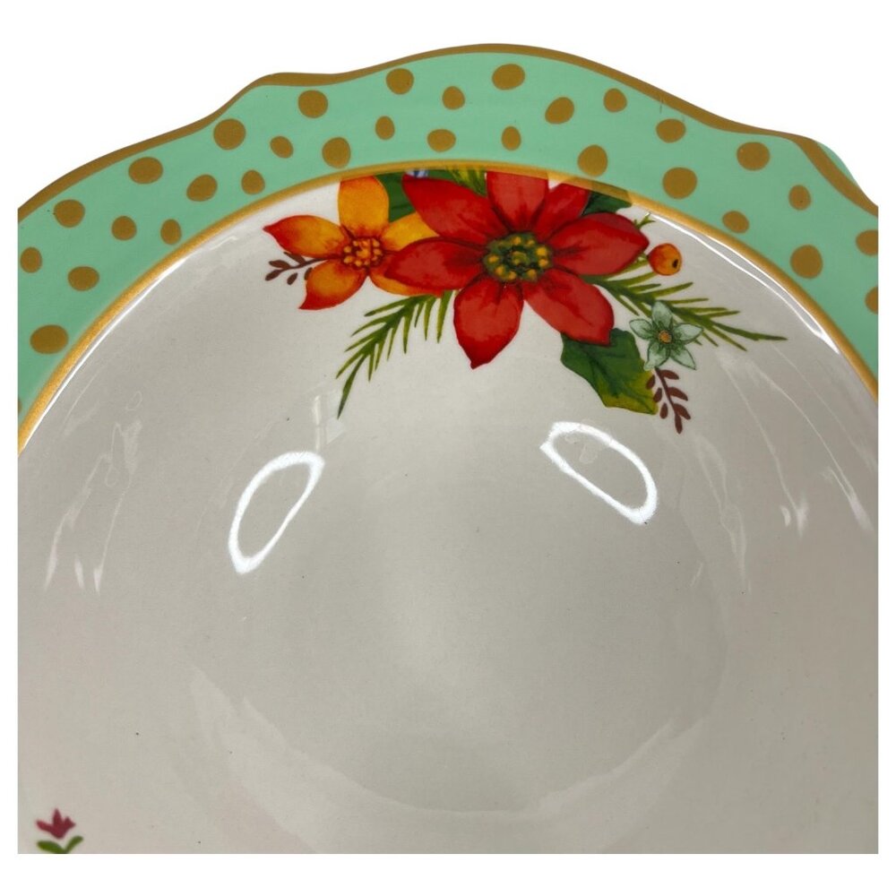 The Pioneer Woman Holiday Charm Stoneware Bowl 8” Scalloped Rim Polka Dot Floral - Picture 4 of 8